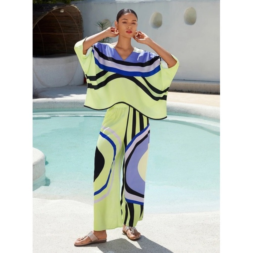 Ador Satin VNeck Geometric Print Poncho Blouse & Wide Leg Pant 2pc Set Small NWT - Picture 6 of 6